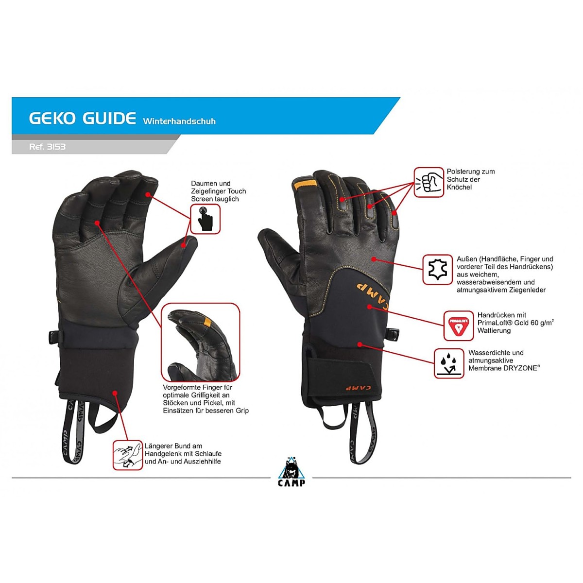 Зимни ръкавици с Primaloft Camp Geko Guide Nero за планинарство CAMP - изглед 8